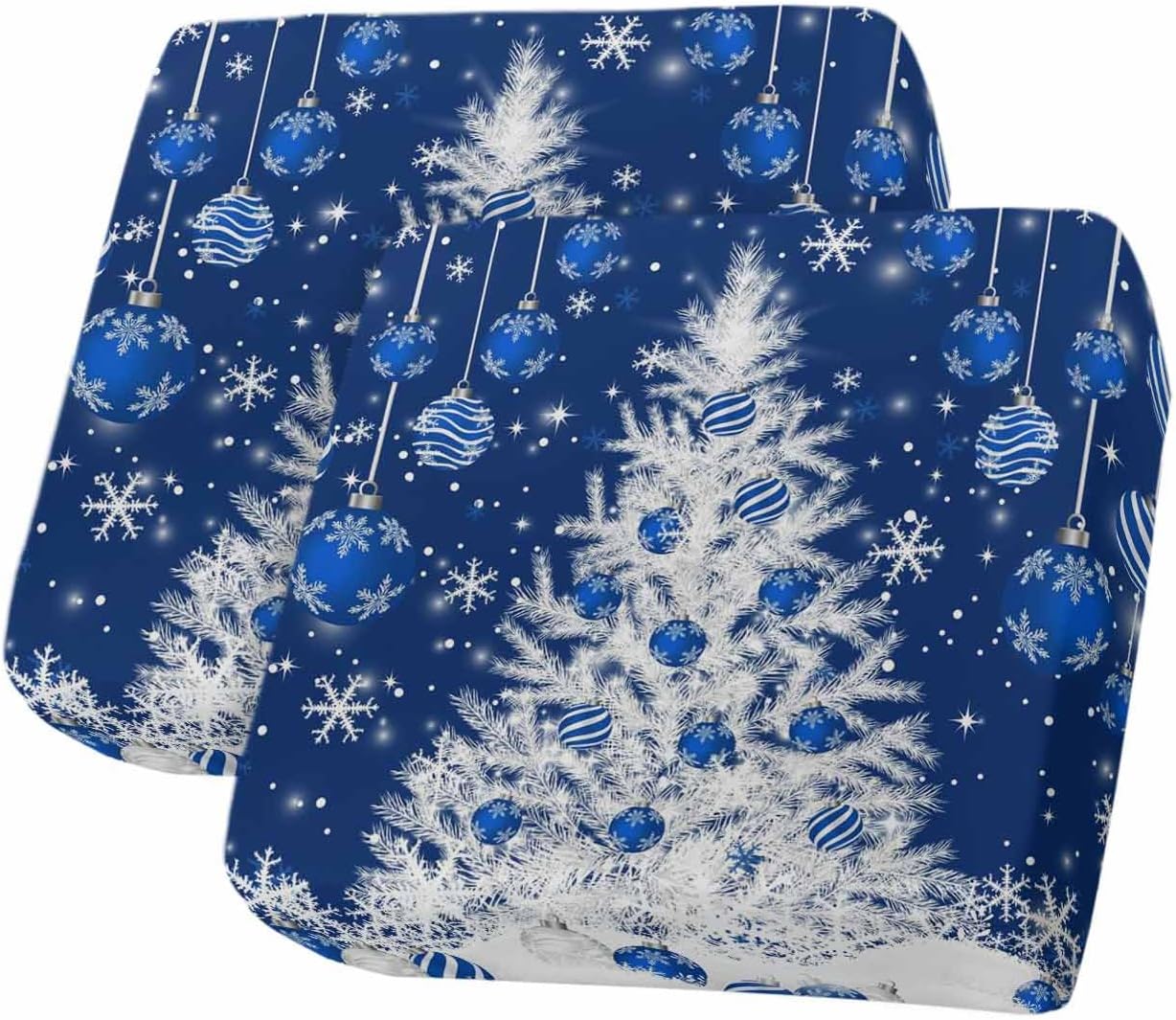 Christmas Tree Stretch Couch Sofa Cushion Covers,Sectional/Individual/L/T Shape Sofa Couch Slipcover Furniture Slip Cover Protector with Elastic Bottom,Blue Fantasy Snowflake Xmas Ball S Size 2-PC