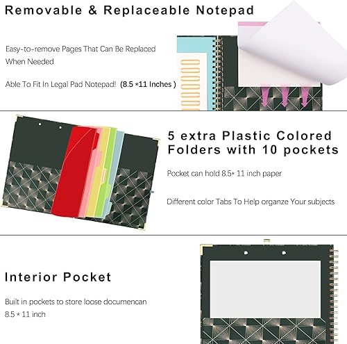 Miniatura 5 de Folio portapapeles con bloc de notas recargable, carpeta de portapapeles en espiral de tapa dura, 5 divisores, 10 bolsillos de almacenamiento,