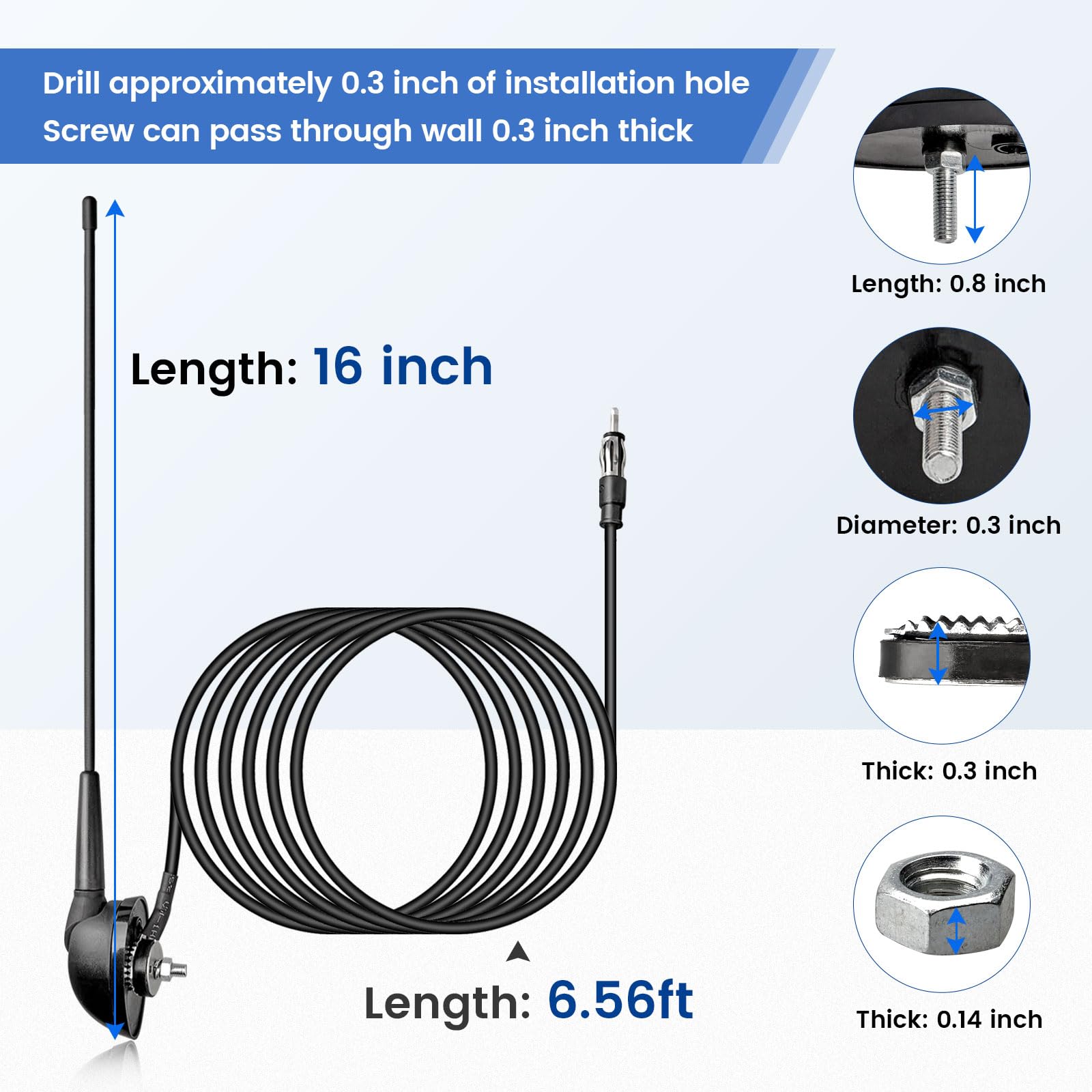 Anina 16 Inch AM/FM Universal Top/Side Mount Antenna for Vehicle Truck Boat ATV UTV RV Motorcycle, 16