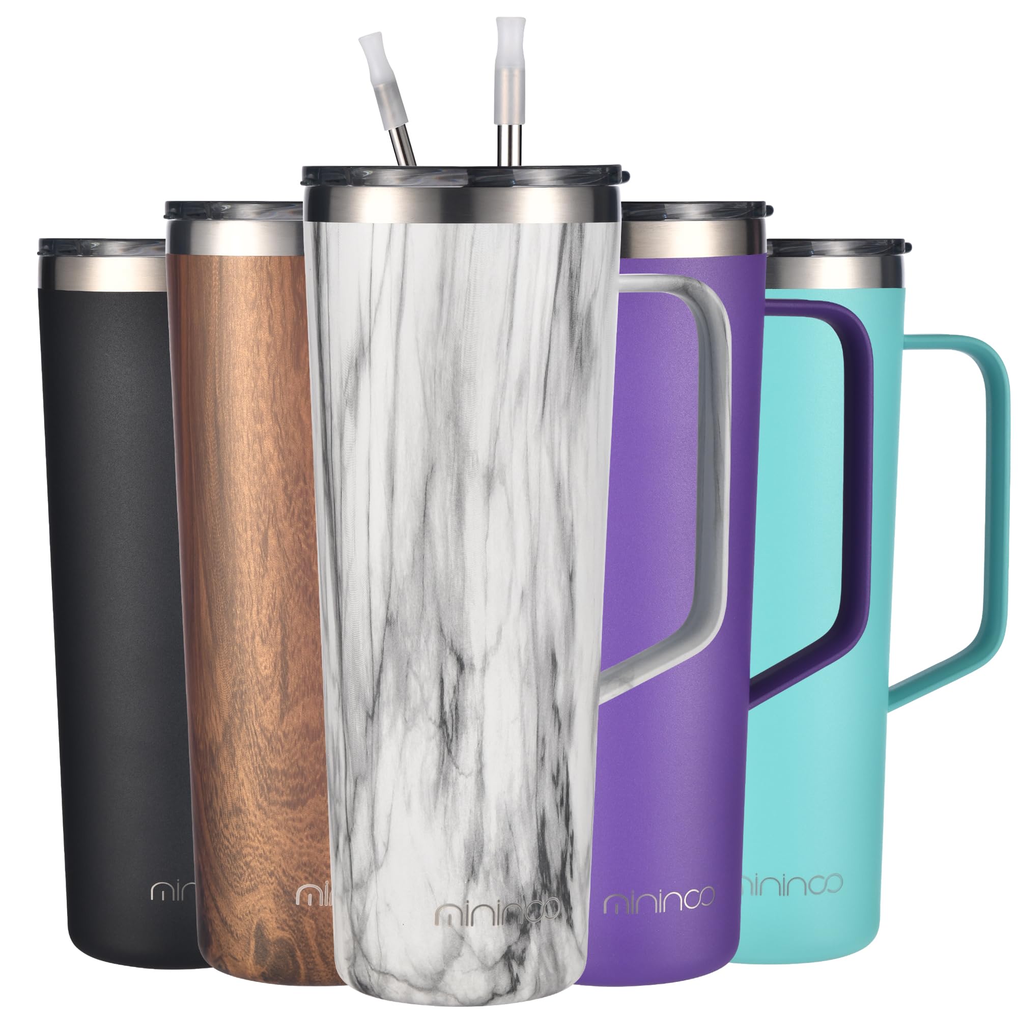 mininoo 24 oz Insulated Tumbler with Handle, Double Wall Vacuum Insulated Coffee Cup with Lid and Straw, Leakproof (Marble)