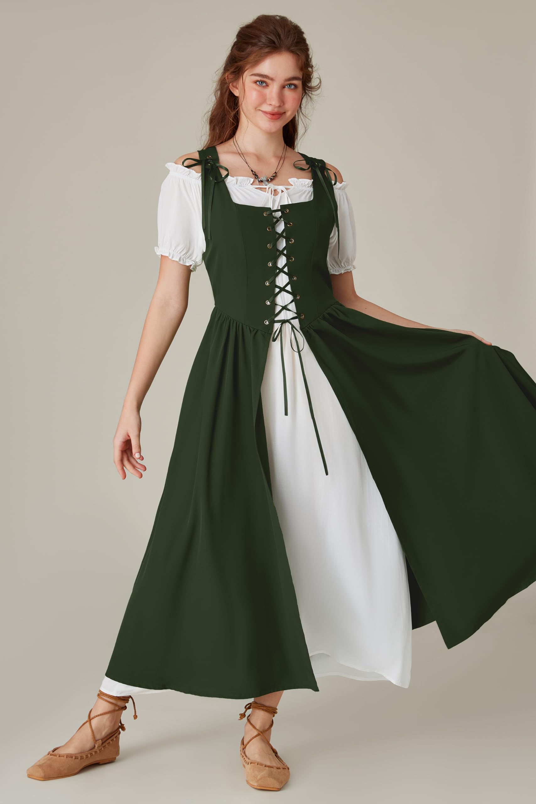 SCARLET DARKNESS Vestido largo renacentista para mujer, con hombros descubiertos, manga corta, con cordones, disfraz irlandés con vestido
