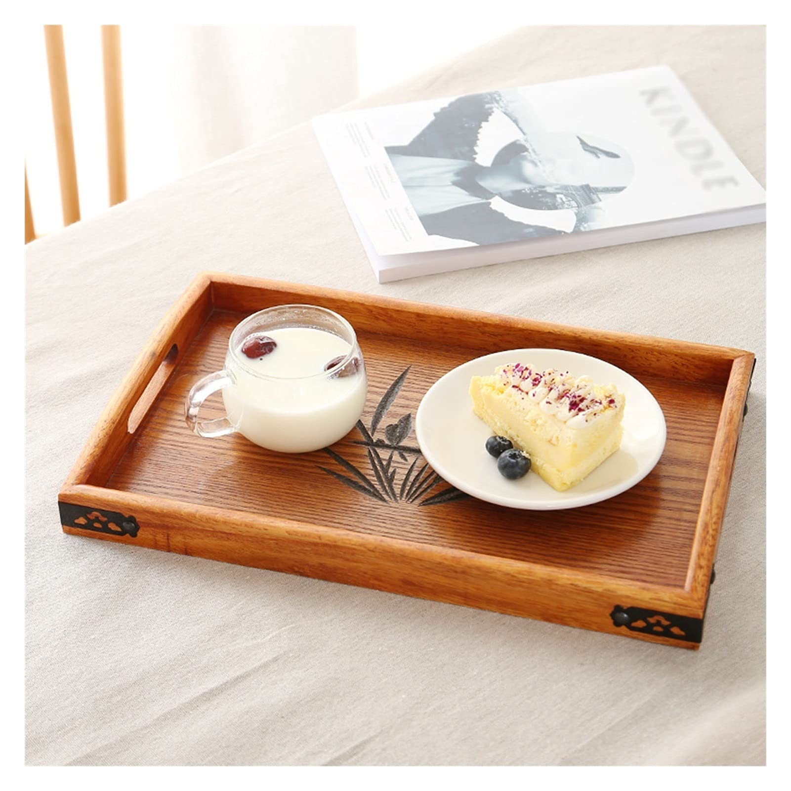Bandeja Bandeja de servir y plato, placa de senderos tallados de madera rectangular con bandeja de bocadillos de mango, bandeja de desayuno, decoración con estilo de granja con estilo. Bandejas para S