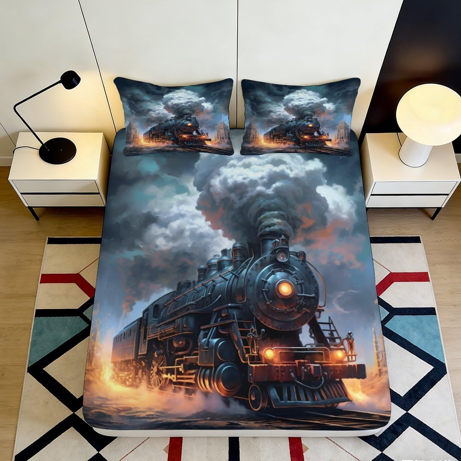 3D Printed Steam Train Fitted Sheet Thickened Microfiber Non-Slip Deep Pocket Bedroom Set Steam Train Mattress Fitted Cover Washable for Adults Teens 90x200x25cm