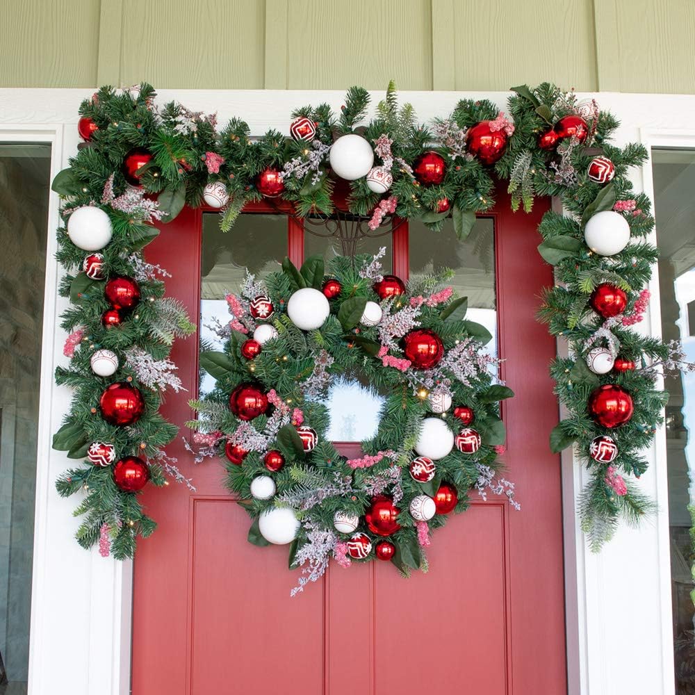 [30 Inch Artificial Christmas Wreath] - Nordic Collection - Red and White Decoration - Pre Lit with 50 Candy Cane Colored LED Mini Lights - Includes Remote Controlled Battery Powered Timer