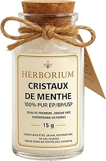 Herborium - Cristaux de Menthe Naturels 100% Purs - Menthol Brut - Pureté Optimale - Inhalation, Sauna, Rhume, DIY Cosmétique - 15 g - Effet Glacial Intense (Gros cristaux)