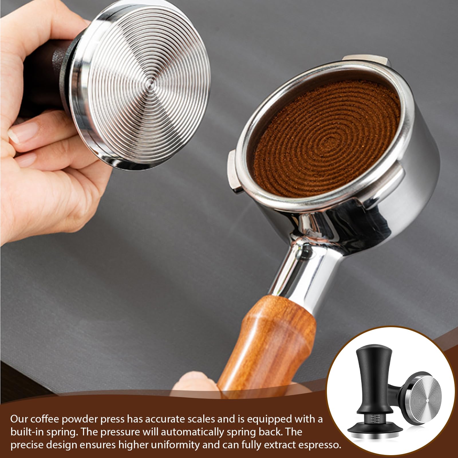 Set di 7 accessori per espresso da 51 mm, con pressino, utensile WDT, distributore, anello dosatore, puck screen, stazione pressino e spazzola per la pulizia per portafiltro, caffè e bar espresso