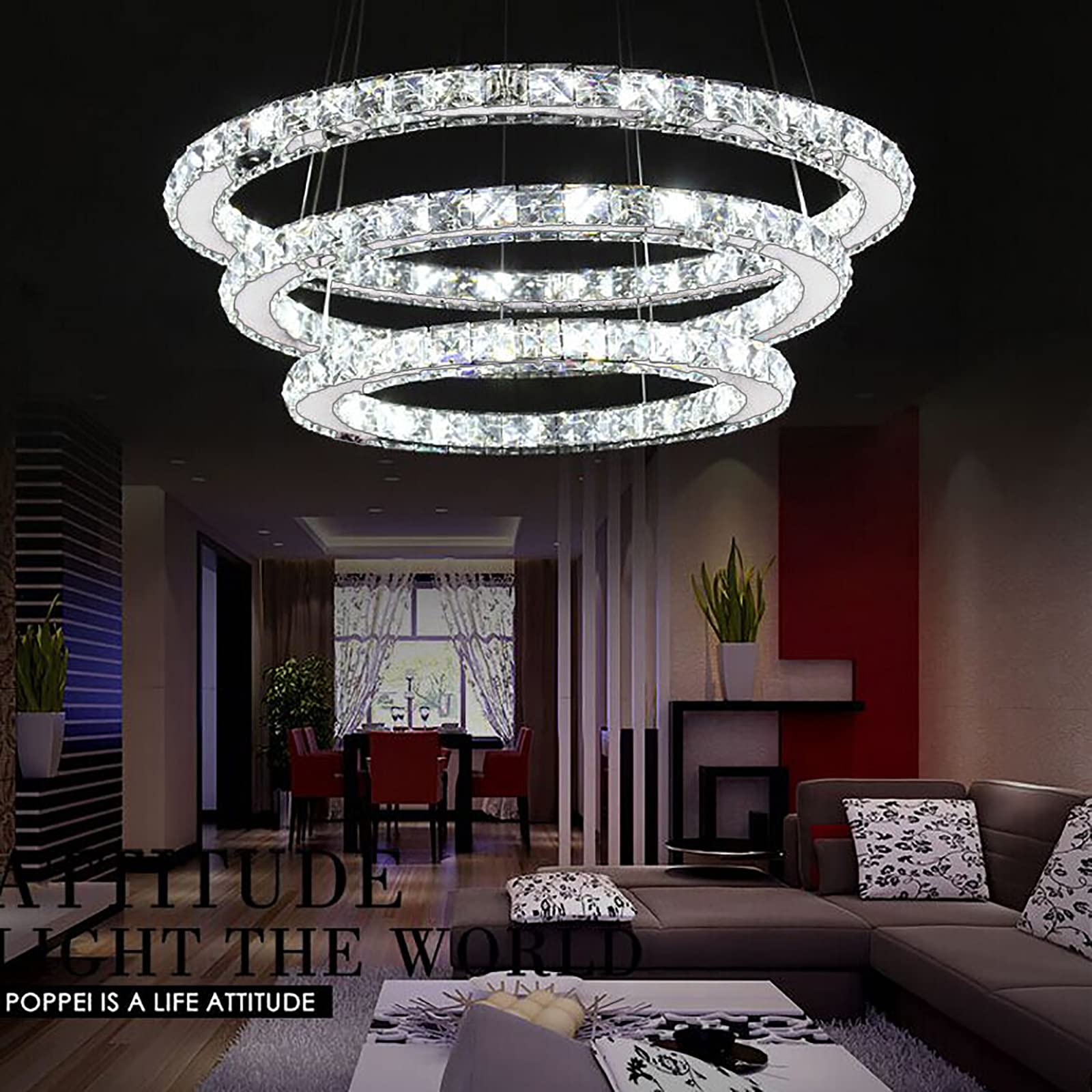 YRHome Lampada a Sospensione LED da 72W, Bianco Freddo, Regolabile in Altezza, Lampadario a Sospensione per Sala da Pranzo e Soggiorno, Moderno, Design a Tre Anelli