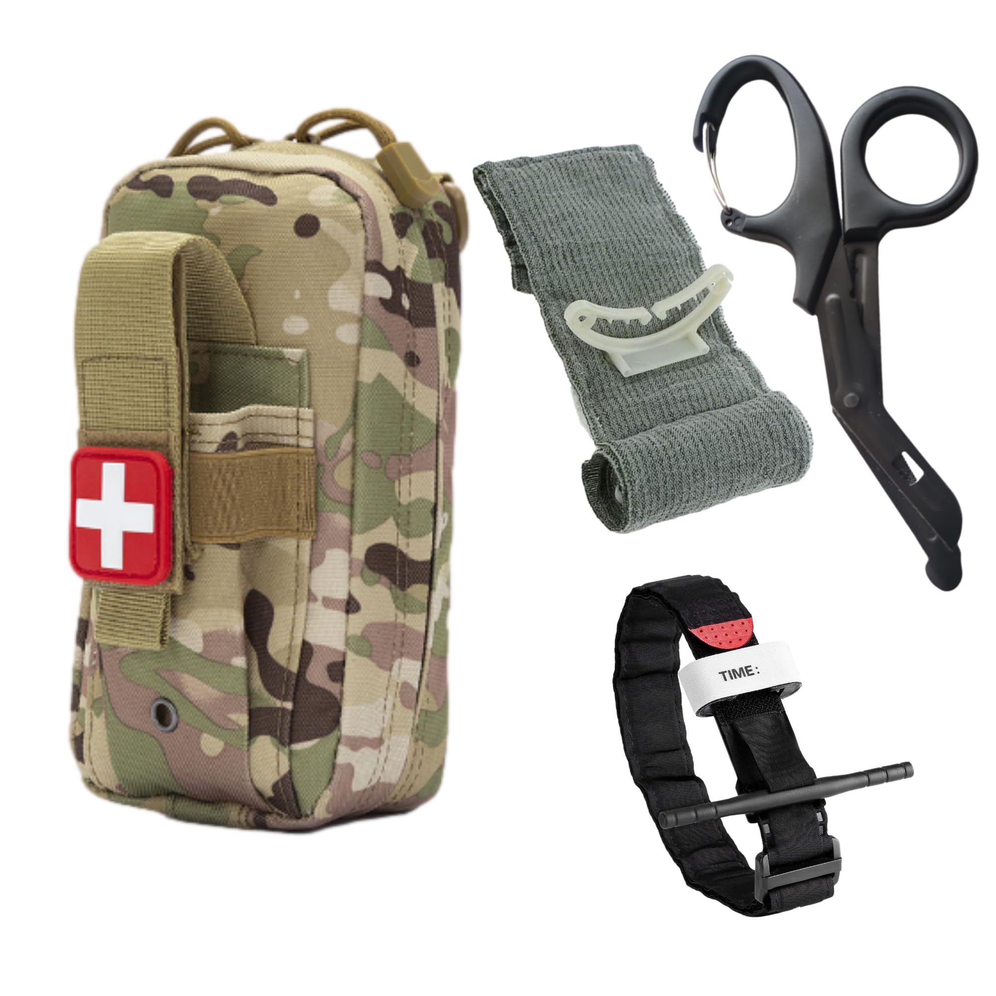 Kit di Soccorso Tattico IFAK Militare Completo CAMOUFLAGE Incluso Medicazione compressiva israeliana/Garrese Tornello ideale per escursioni Fai da te Airsoft...