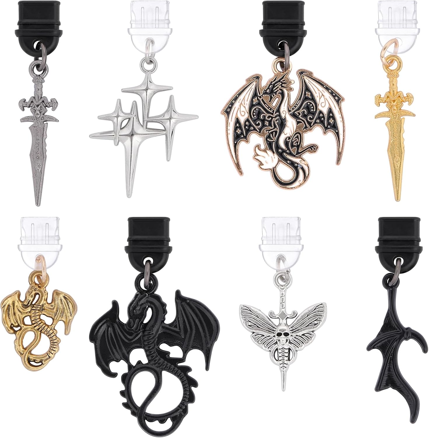 8 Pack Dust Plug Charms for Kindle - Wyvern Dragon and Dagger Charging Port Cover, Mystical Aesthetic Pendants for Phone Type C/USB C, Gift for Witchy Bookish Students E-Reader Accessory
