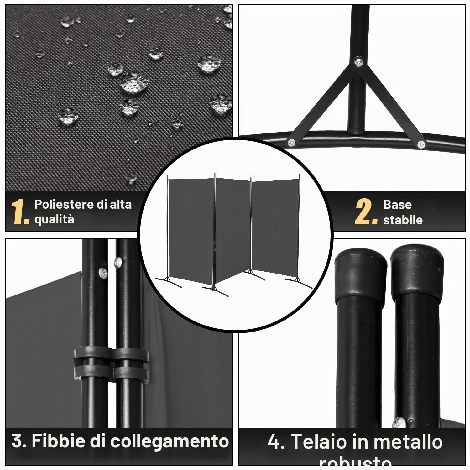 Paravento divisorio pieghevole in 3 pezzi, indipendente, per spogliatoio, schermo visivo da parete, divisorio per interni, esterni, giardino, uffici, terrazza, 260 x 180 cm, grigio scuro