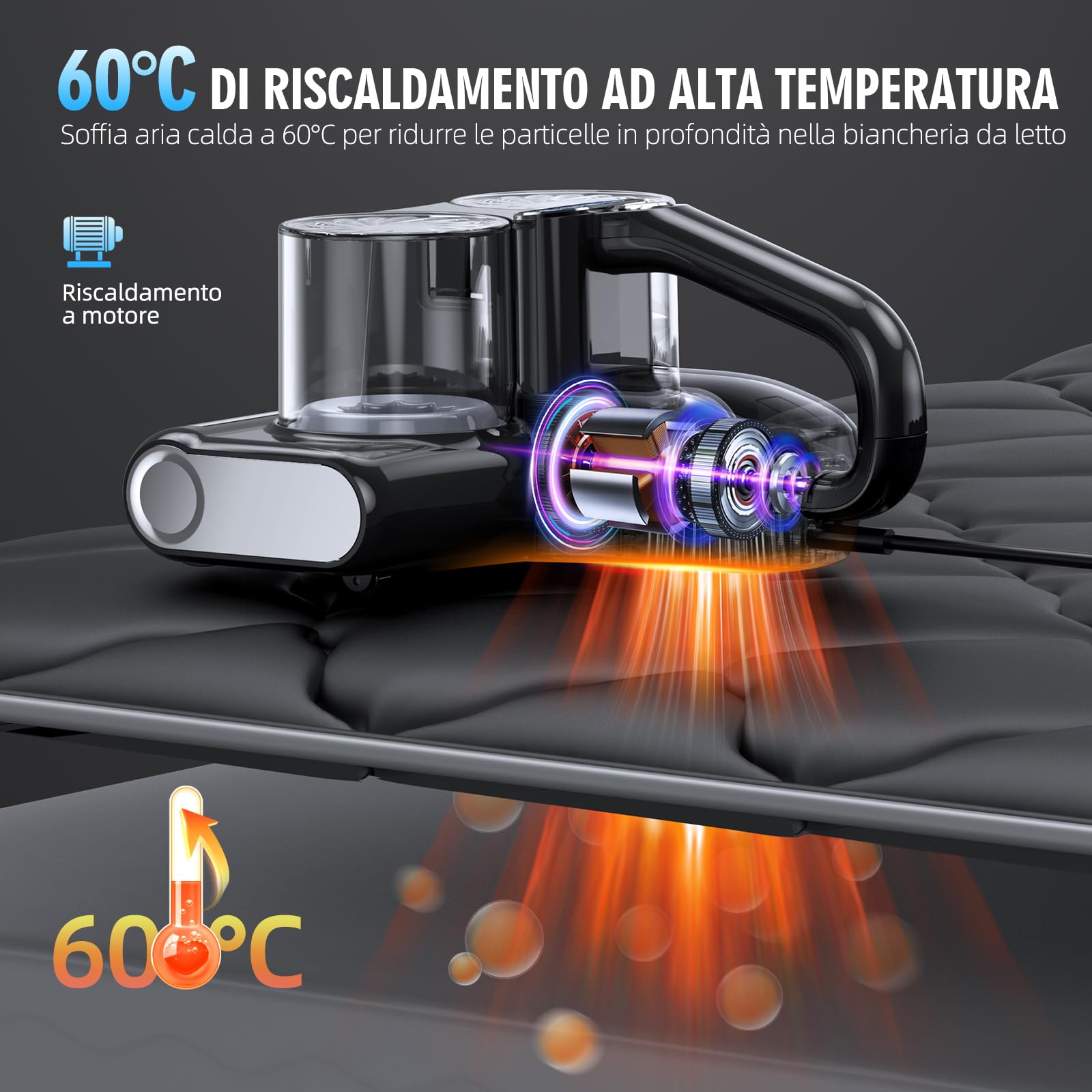 Aspirapolvere per Materassi Battimaterasso Antiacaro con Luce UV-C a 253,7 nm 16Kpa Aspirazione Filtro HEPA Riscaldamento Ultrasuoni Funzione Rotazione della Spazzola a 30000 giri/min 500W Filo Nero