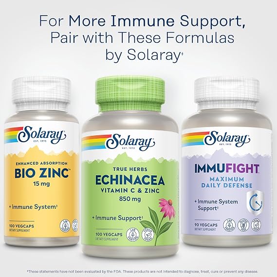 SOLARAY Echinacea Vitamin C and Zinc Wellness Formula - Immune Support Supplement - Echinacea Capsules with Vitamin C 500mg Plus Bioflavonoids, Vegan, 50 Servings, 100 VegCaps