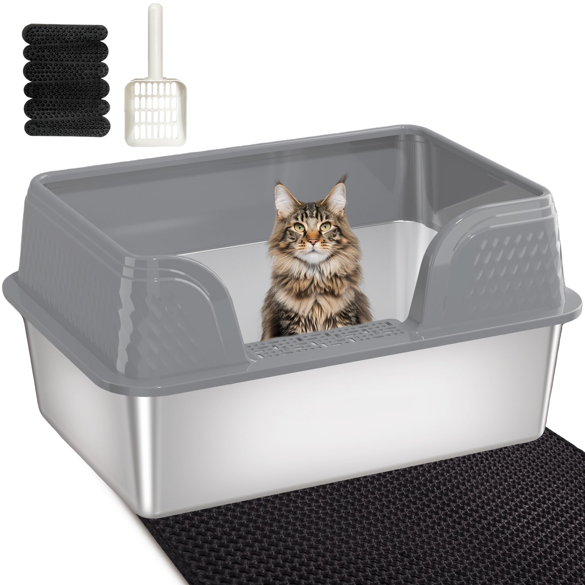 Stainless Steel Litter Box XL 23.6" x 15.7" x 12", Metal Litter Box with Lid - Extra Large Space with High Sides for Big Cats, Side Entry, Leak-Proof, Anti-Splashing, Grey