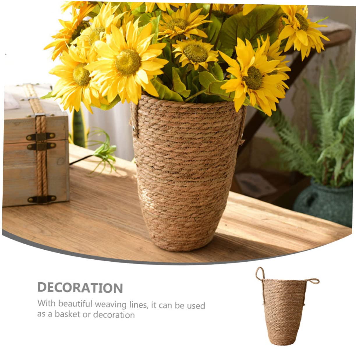 Cesta Tejida a Mano Grande de Paja para Flores y Plantas | Uso Interior Hogar, Estilo Rústico y Elegante, Pieza Decorativa Práctica para Espacios Amplios