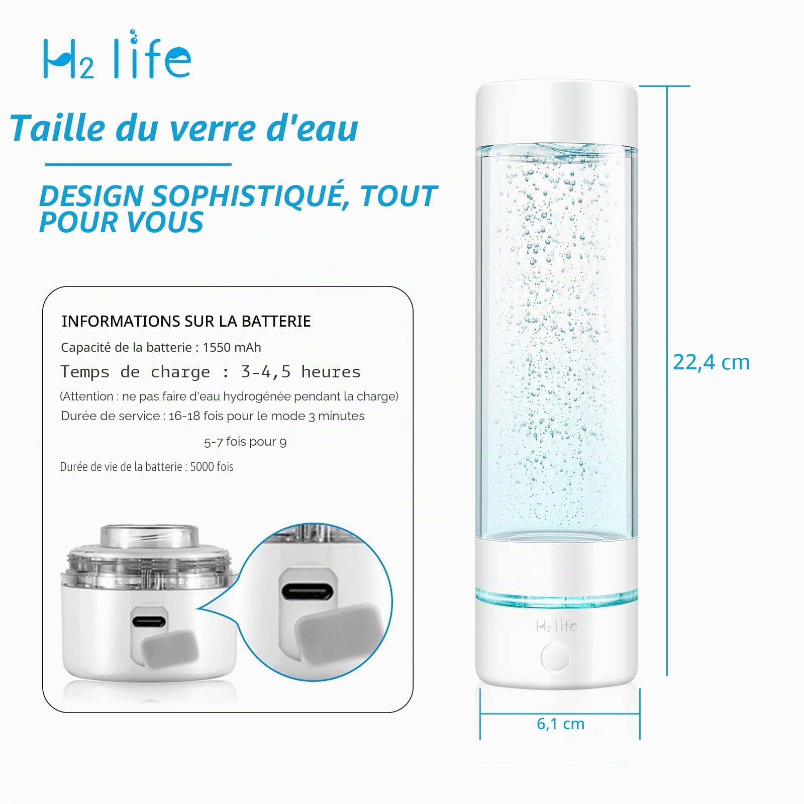 Générateur d'eau d'hydrogène, bouteille d'eau professionnelle sans BPA – Double mode portable réutilisable ioniseur d'eau avec SPE et PEM Bouteille d'eau d'hydrogène pour le sport