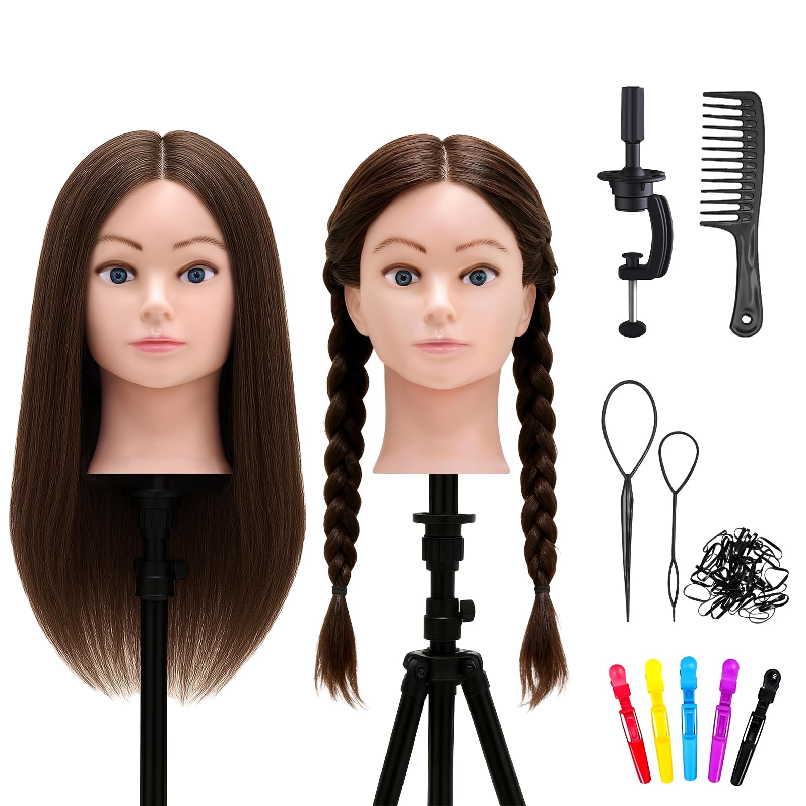 TwoWin Friseurkopf 20 Zoll 50.8 cm 100% Echthaar Mannequin Kopf Übungskopf Haar Friseur Trainingsköpfe Styling Friseurpraxis Braun