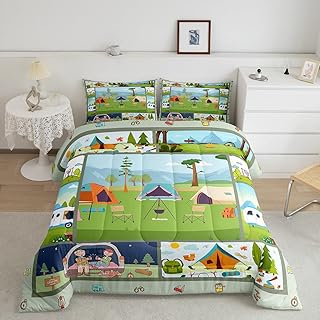Cartoon Camper Comforter Set Twin,Watercolor Geometric Plaid Patchwork Bedding Set 2pcs for Kids Girls Boys Room Decor,Happy Camping RV Trees Quilt Duvet Outdoor Adventure Comforter Bedspread
