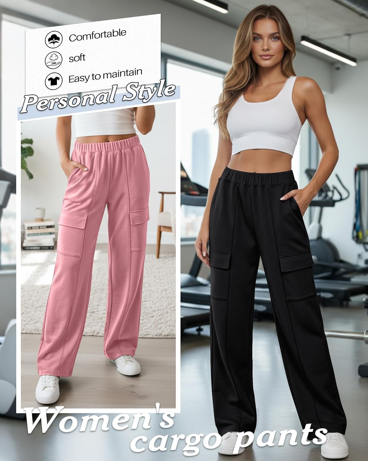 Neer 3 Pack Womens Pants with Cargo Pockets Casual High Waisted Baggy Wide Straight Leg Sweatpants Lounge Joggers Trousers - Image 2