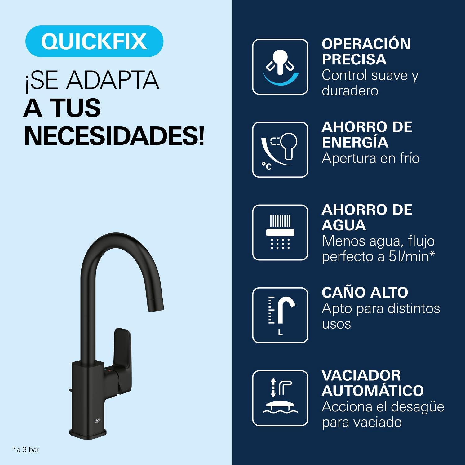 GROHE Dice - Grifo lavabo con desagüe Pop-Up, Talla L, caño en C giratorio 90°, cartucho cerámico 28mm, eficiencia energética y ahorro agua, latiguillos 3/8", QuickTool, Negro Mate, 1018712430