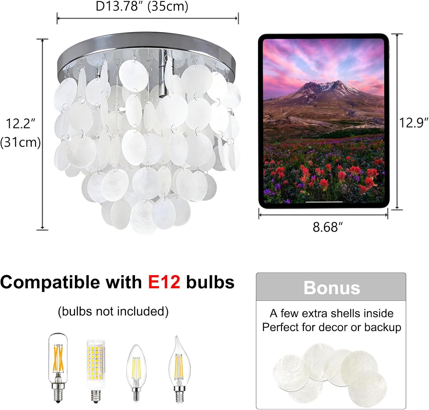 Capiz Shell Ceiling Light, 13.8 Inch Flush Mount with 3 Lights, Coastal Boho Light Fixture in Chrome Frame for Bedroom Hallway Bathroom Entryway