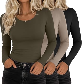 Riyiper 3 Pack Womens Slim Fit Scoop Neck Long Sleeve Shirts