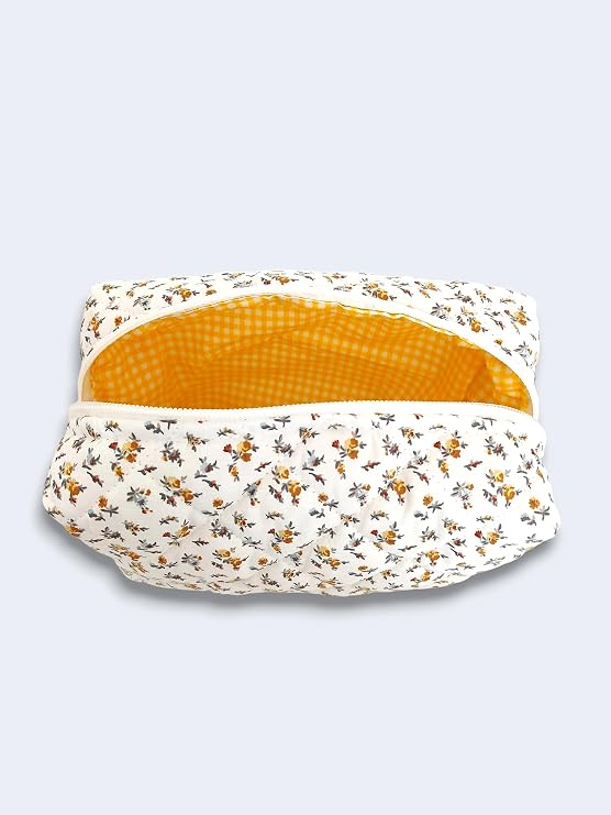 Makeup Bag | Makeup Bag | Quilted Care Travel Cosmetic Bag (White-Yellow)