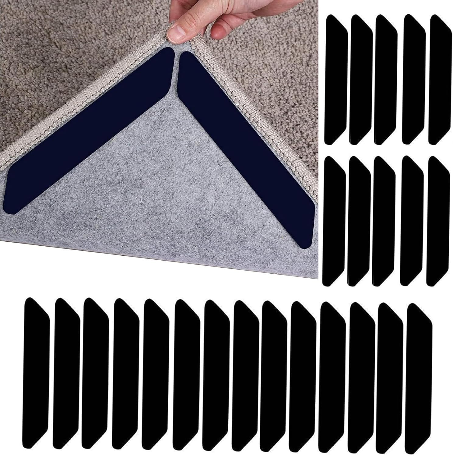 Rug Tape,24 Pcs Dual Sided Washable Removable Rug Stopper Grip Your Area Rug, Non Slip Adhesive Prevent Curl for Hardwood Floors Grip Carpet Corners (Black)