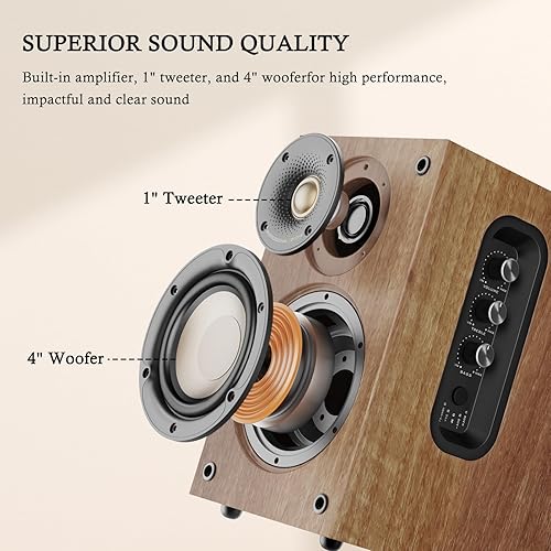 Miniatura 4 de 1 BY ONE Altavoces Bluetooth para estantería, altavoces activos de 2 vías con 60 vatios RMS, 100 vatios de potencia máxima, altavoces giratorios con