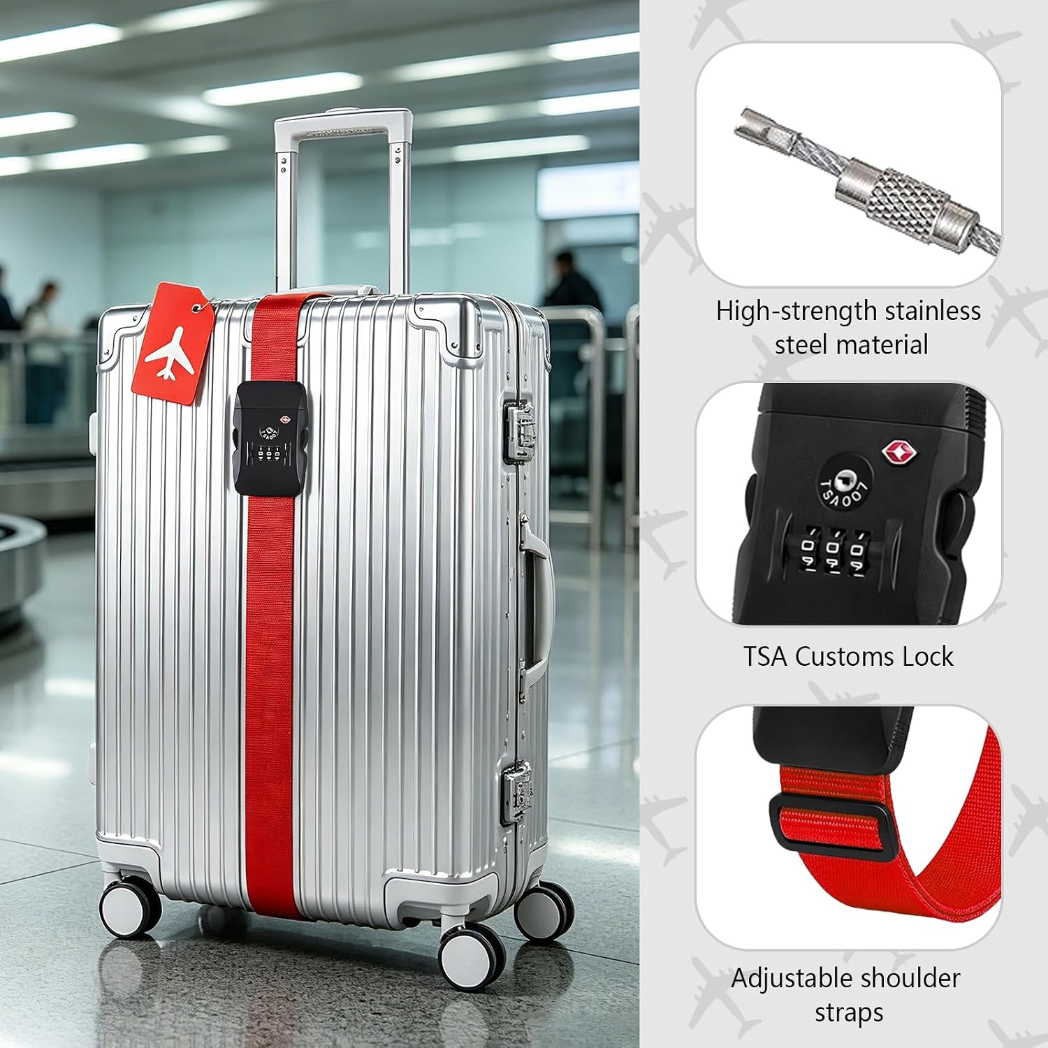 Luggage Straps for Suitcases with TSA-Approved Lock, Includes 3 Luggage Tags, Adjustable Heavy-Duty Travel Strap Belt Connector, Anti-Snap Reinforced Buckle