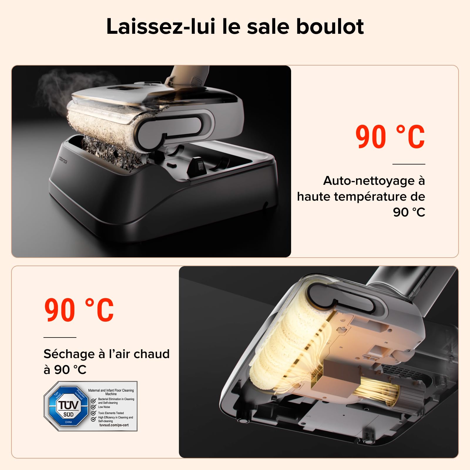 roborock F25 GT Aspirateur Laveur,Complete Nettoyeur de Sol 20 kPa,Aspirateur sans Fil Autonettoyage à Haute température de 90 °C, inclinable à 180° Nettoyage Deux Bords