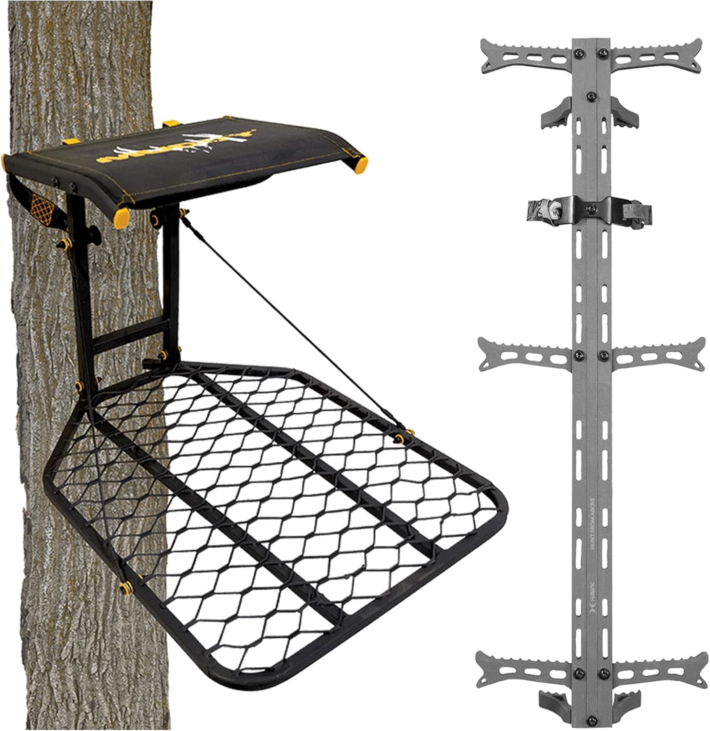 MUDDY The Boss Wide Stance Hang-On 1-Person Tree Stand Platform & Hawk Helium Set of 3 Hunting Portable Climbing Sticks with Fold-Up Steps