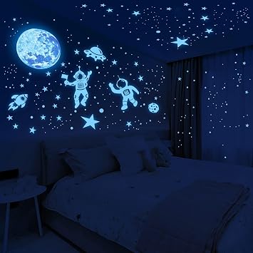 Glow in The Dark Stars Stickers, Glow in The Dark Moon for Ceiling Space Wall Stickers Planets Solar System Galaxy Wall Decals for Kids Boys Girls Bedroom Living Room Nursery -Blue…