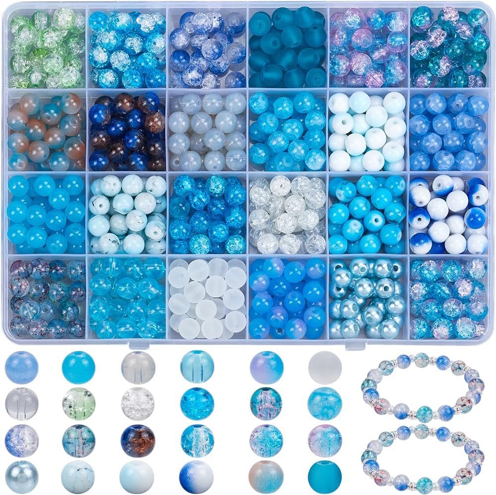 1 Box 600Pcs 24 Styles 8mm Glass Beads Bracelet Making Kit Round Crystal Bead Set Blue Mixed Color Acrylic Pearl Circle Crackle Loose Beads for Bracelets Jewelry Making Beading Adults