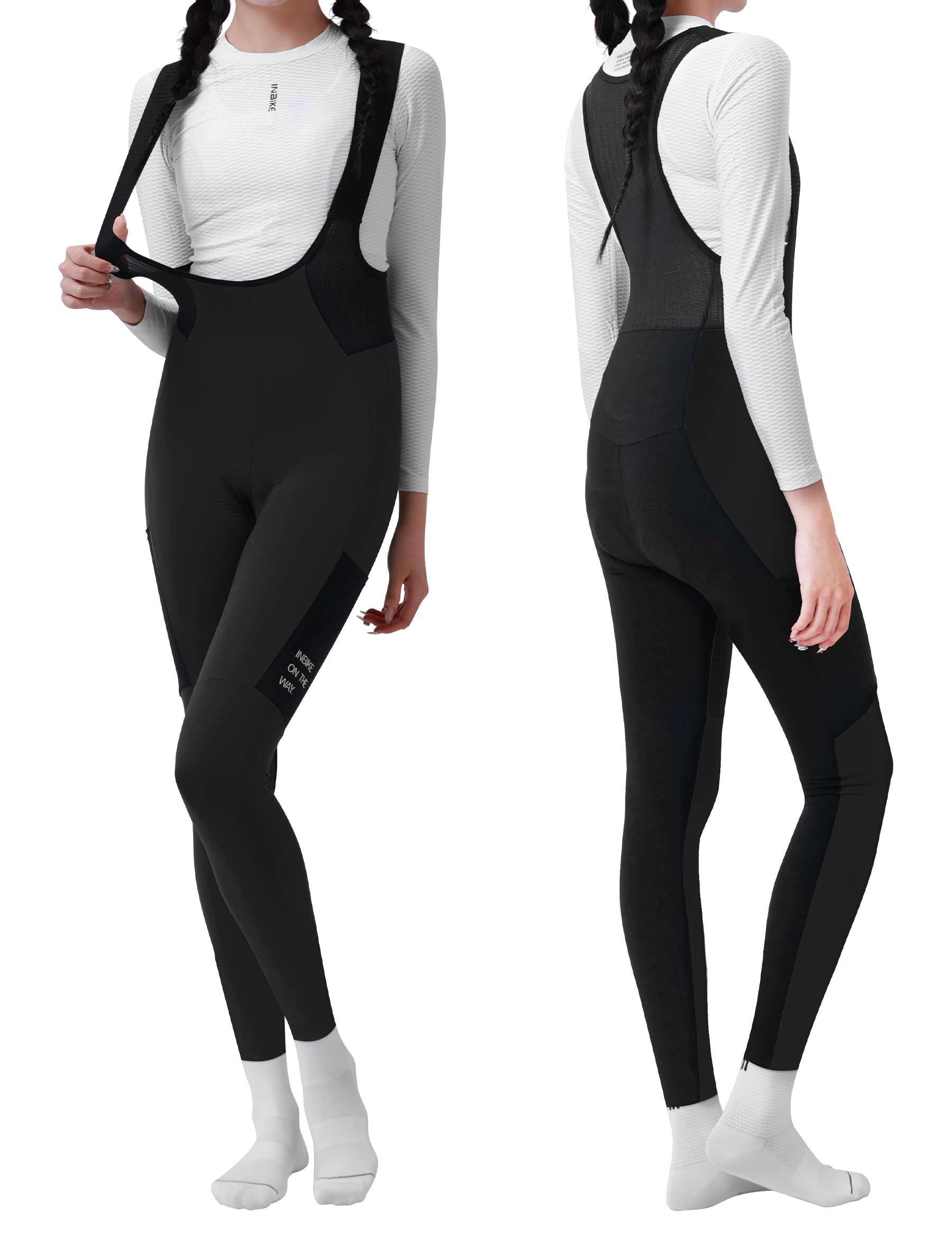 INBIKE Radlerhose Bib Fahrrad Hose Damen Lang Winter Thermo Gepolstert mit Taschen Fleece Reflektierendem Logo Atmungsaktiv Elastisch Komfortabel