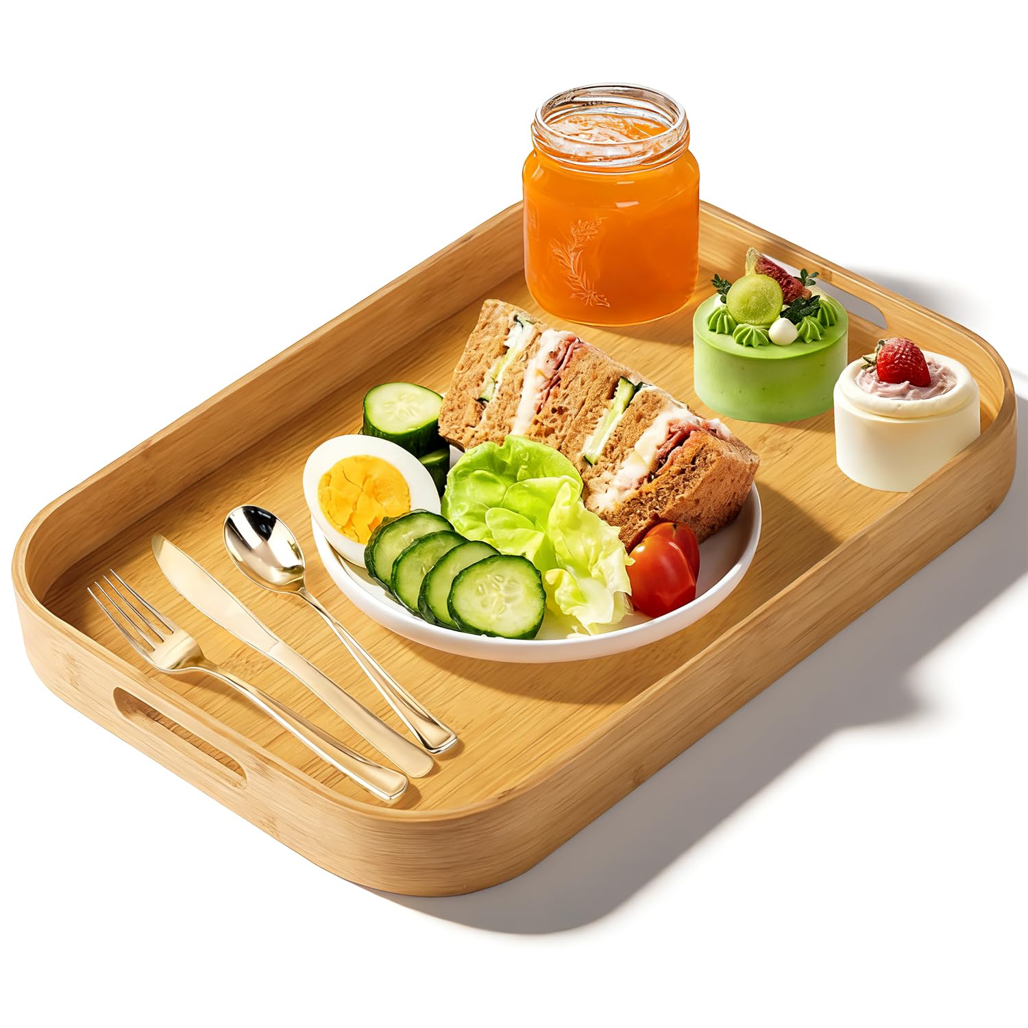 Serviertablett Groß Holz Bambus Tablett Holztablett Rechteckig Küchentablett Bambus Serviertablett Mit Griffen Bambus Tablett Quadratisch für Lebensmittel Kaffee Wein Kaffee Tee Obst Mahlzeiten