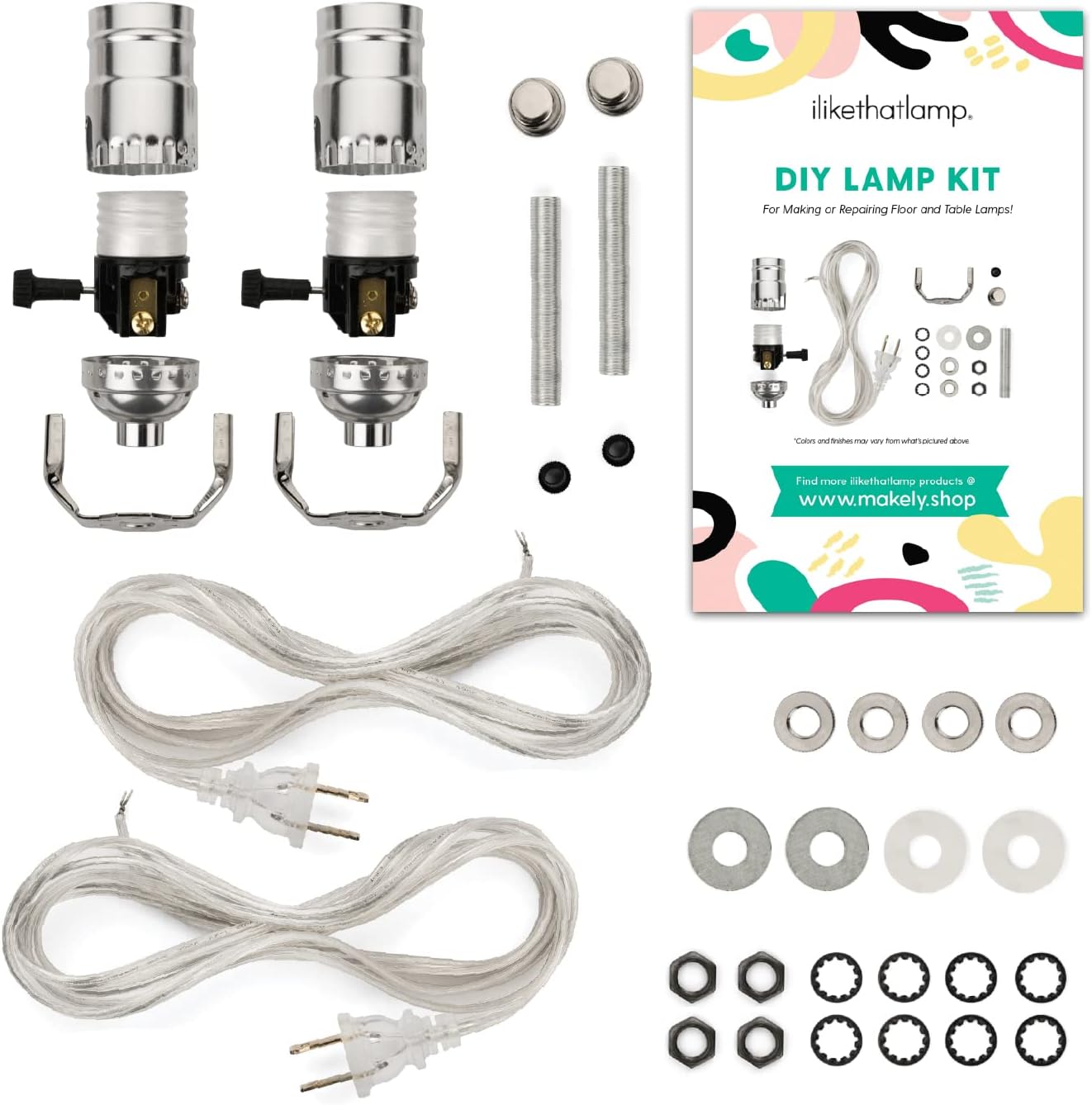I Like That Lamp DIY Lamp Wiring Kit, Silver Socket & 12FT Silver Cord (2 Pack), For Making & Fixing Table or Floor Lamps, Repair & Rewire Antique or Vintage Lighting Fixtures, Complete Hardware Set