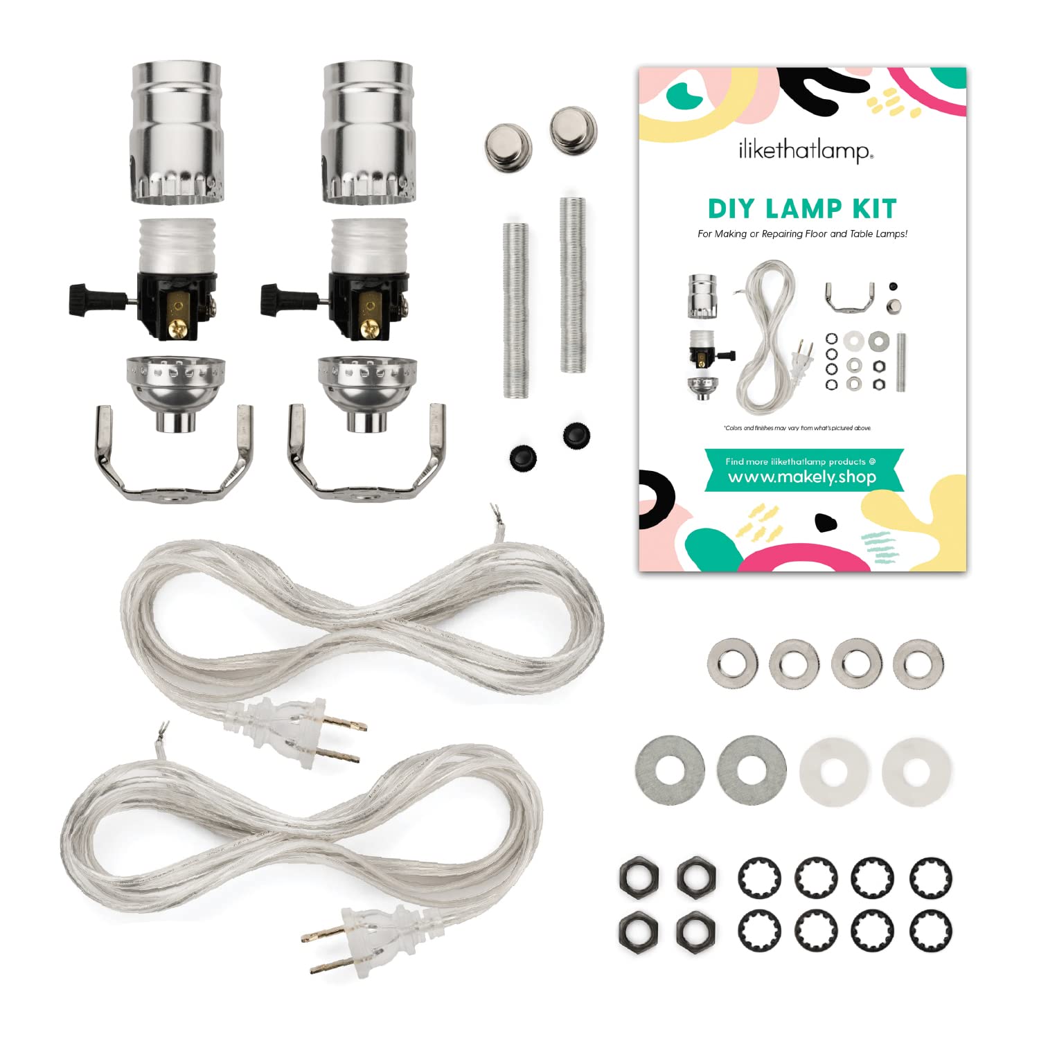I Like That Lamp DIY Lamp Wiring Kit, Silver Socket & 12FT Silver Cord (2 Pack), For Making & Fixing Table or Floor Lamps, Repair & Rewire Antique or Vintage Lighting Fixtures, Complete Hardware Set
