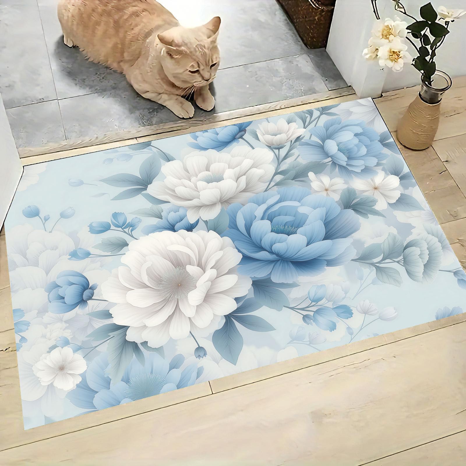 Felpudo entrada casa azul claro con flores de acuarela para decorar salones y pasillos interiores