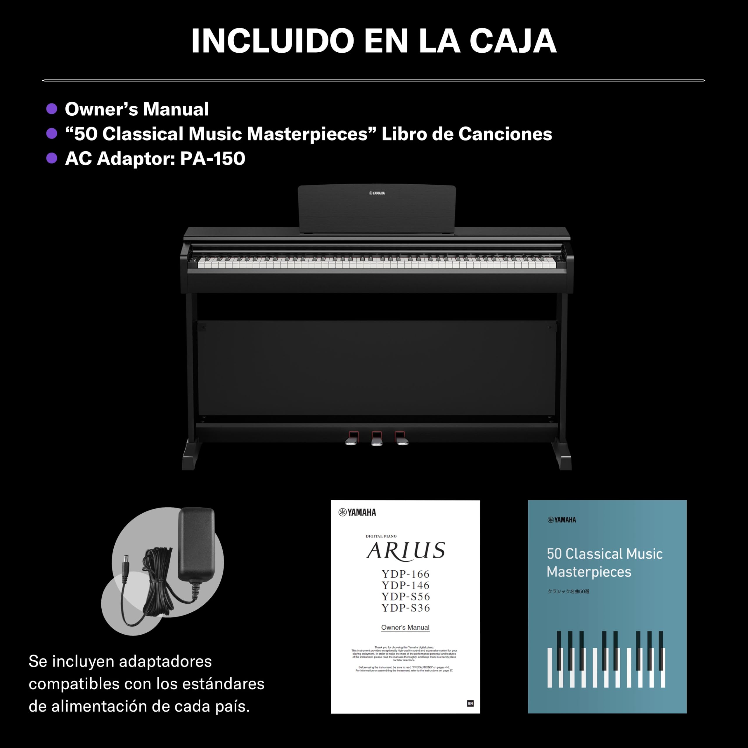 YAMAHA YDP-146 Piano Digital – 88 teclas contrapesadas (GHS), Voz de piano de cola CFX, altavoces de 8W, Bluetooth, 3 pedales, ideal para el hogar y para principiantes – Negro