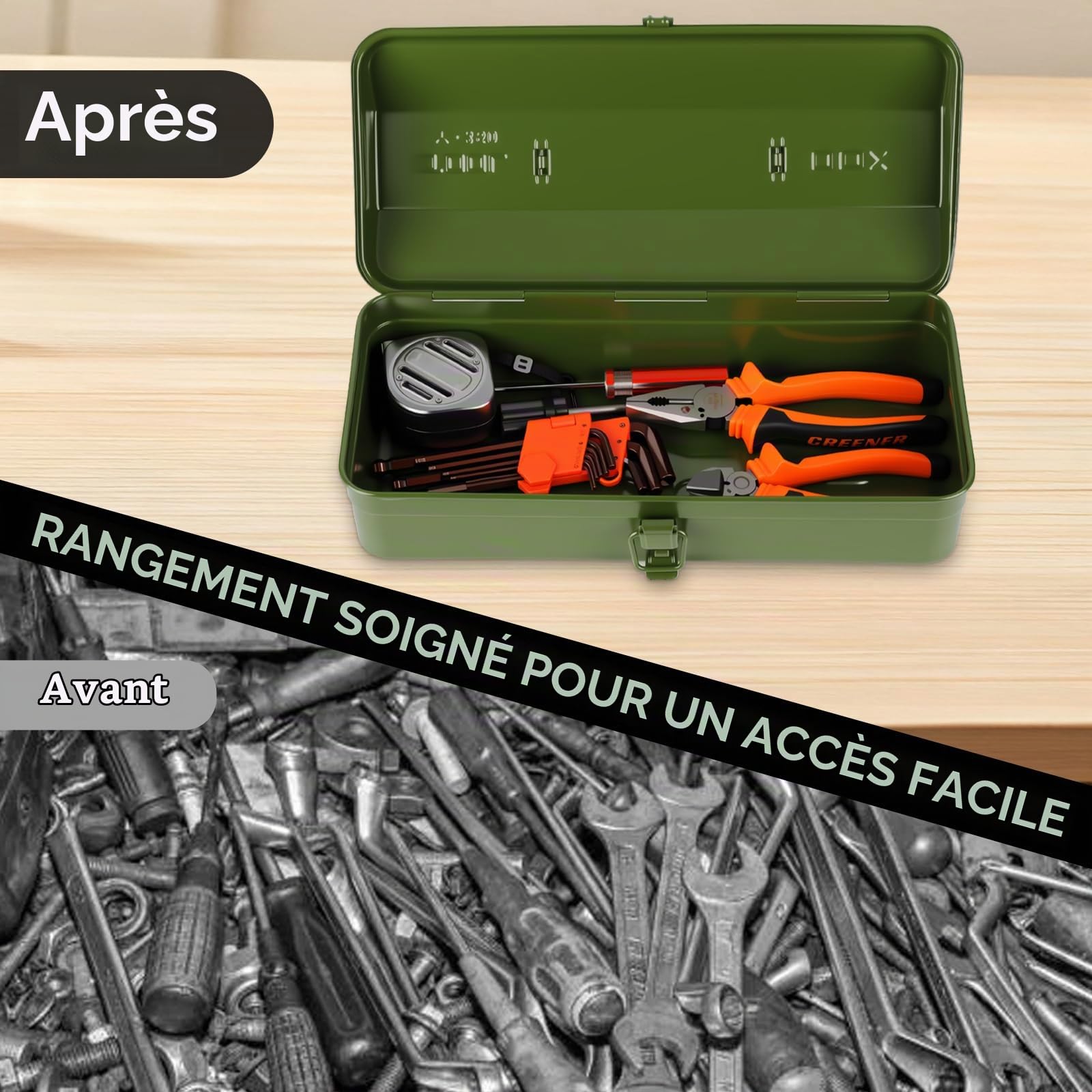 Boite Outils Metal Verte, 37 × 16 × 12 cm, Caisse pour Outils avec Verrouillage à Pression et Poignée Ergonomique, Boîte à Outils Portable pour Atelier, Maison, Usage Quotidien