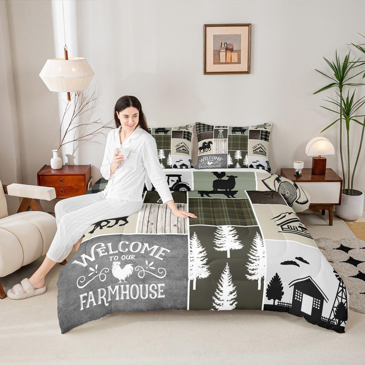 Rustic Farmhouse Kids Comforter Set King Size,Truck Horse Cow Animals Bedding Set for Boys Girls Adults Room Decor,Plaids Grids Patchwork Down Comforter,Green Country Duvet Insert,2 Pillowcases