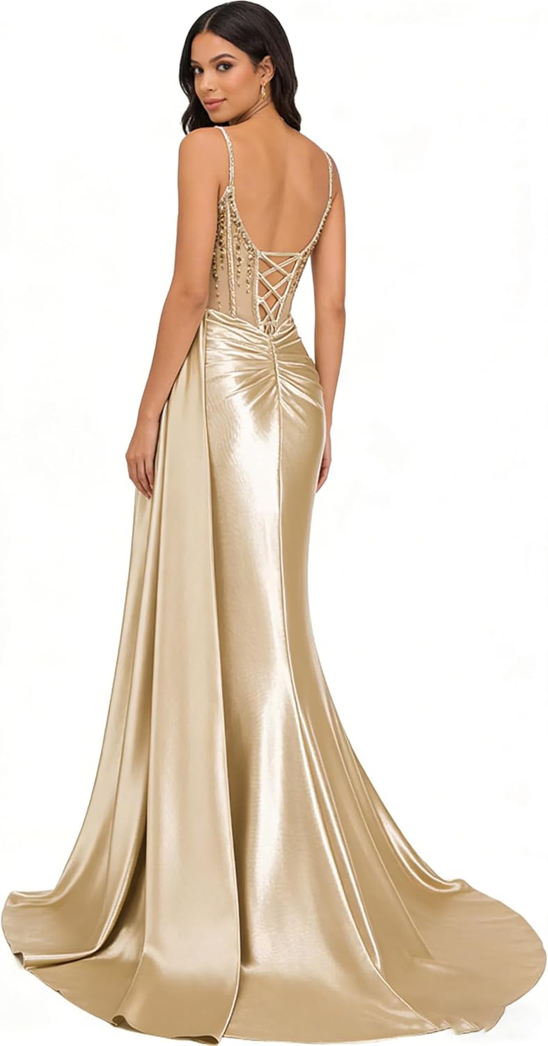 Mermaid Beaded Prom Dresses with Slit Spaghetti Strap V-Neck Sequin Evening Gown Lace Applique Satin Formal Dress