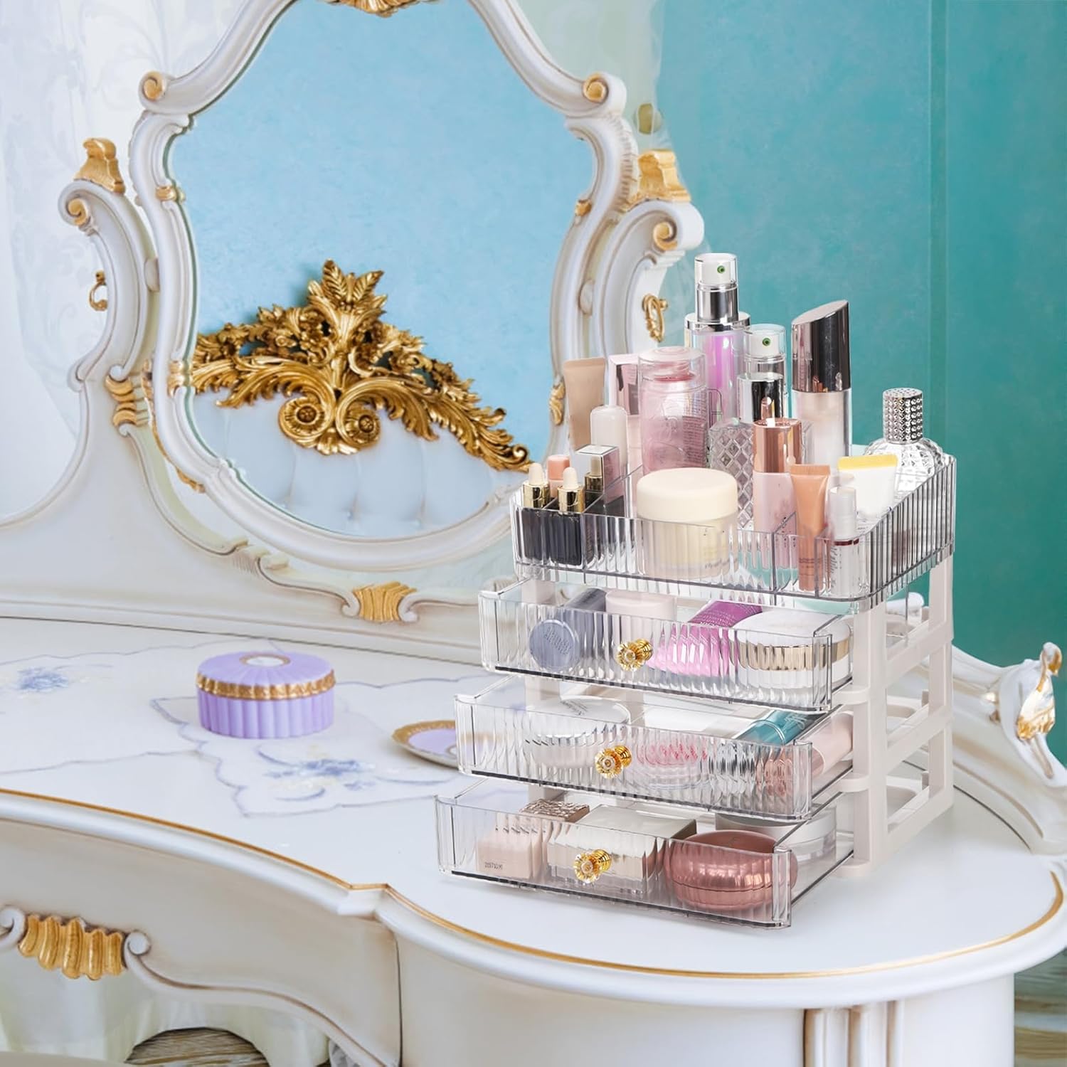 Coloch Plastic Makeup Organizer with 3 Drawers, Cosmetics Display Case for Vanity Countertop Organization Box for Makeup, Skincare, Lipsticks, Jewelry, Bathroom, Bedroom