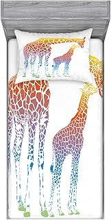 Ambesonne Giraffe Fitted Sheet & Pillow Sham Set, Mom Kid Giraffe in Rainbow Colors Abstract Art Surrealist Image of Animal, Decorative Printed 2 Piece Bedding Decor Set, Twinxl, Marigold Blue