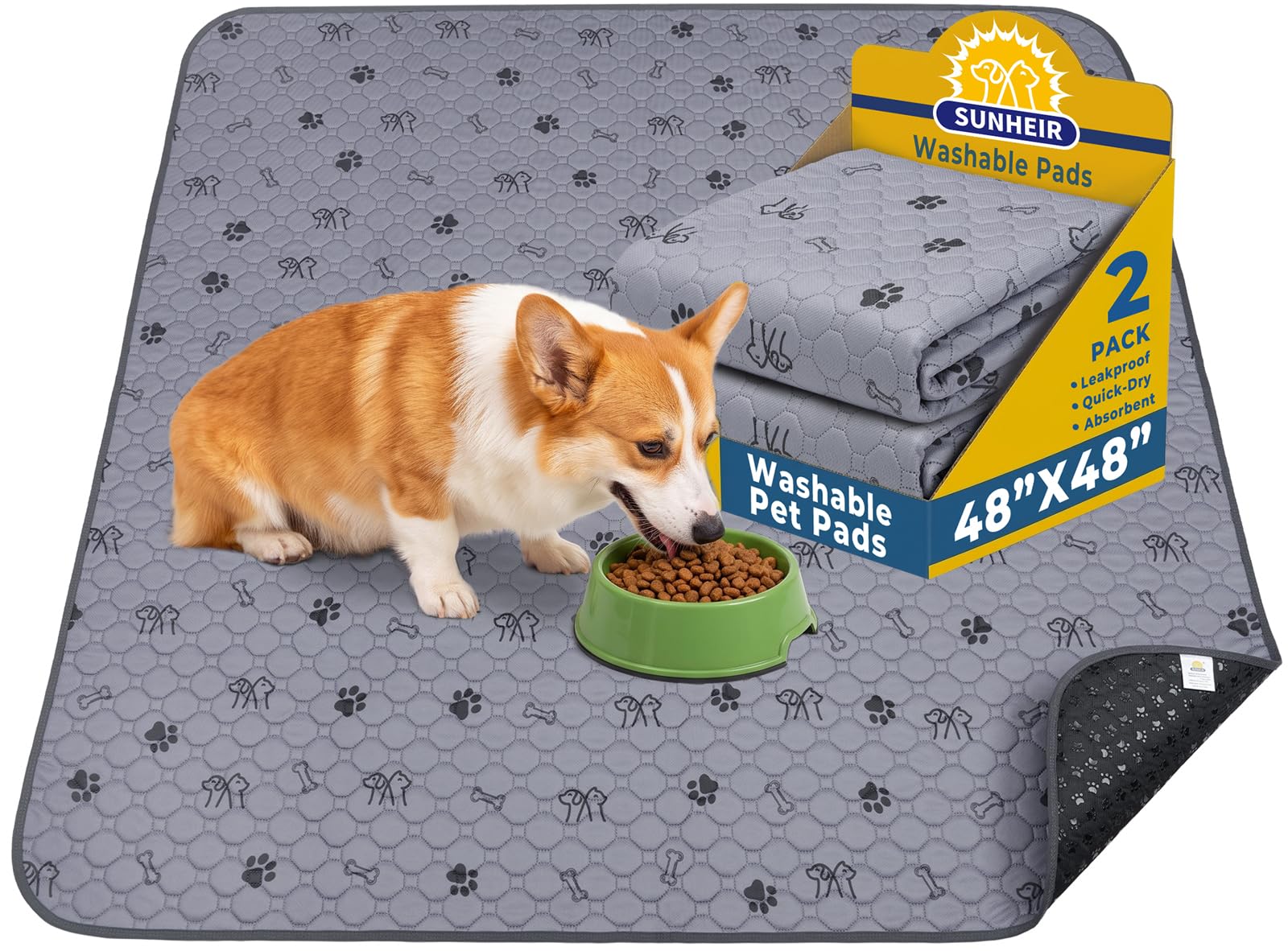 Sunheir Washable Pee Pads for Dogs, 2 Pack 48” x 48” Waterproof Puppy Pads