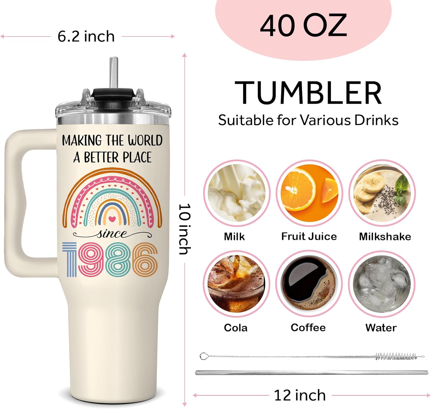GLAKEUN 40th Birthday Gifts for Women - 40th Birthday Decorations for Her, Woman - 40&Fabulous - 1986 Bday Gifts Cups for Women - 1986 Present Gift for Mom, Wife, Sister - Turning Forty Tumbler 40oz - Image 3