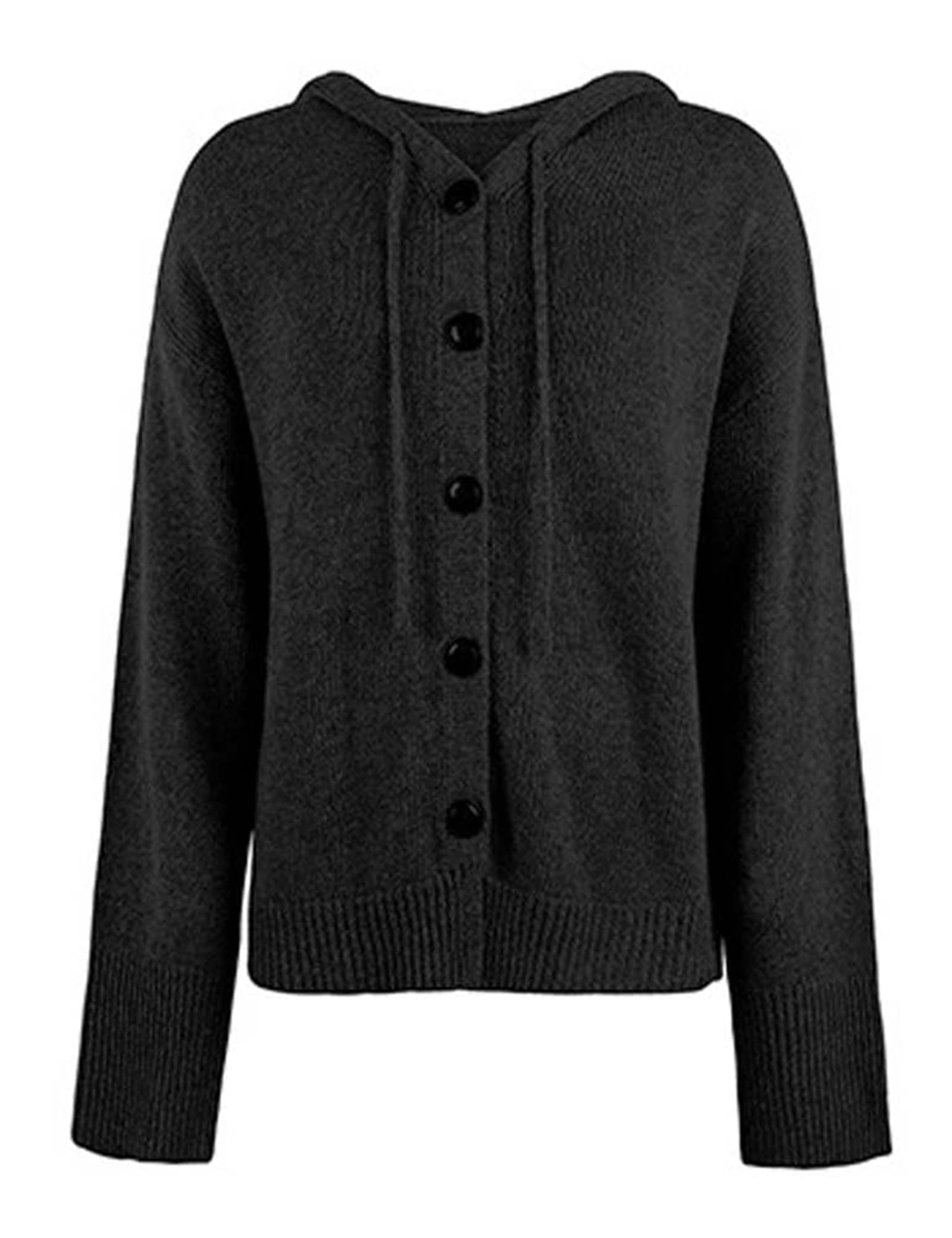 Damski sweter z guzikami, dekolt w serek i kapturem - styl casual | Lekki kardigan z dzianiny z kapturem – modny model jesienno-zimowy, luźny krój i otwarty z przodu