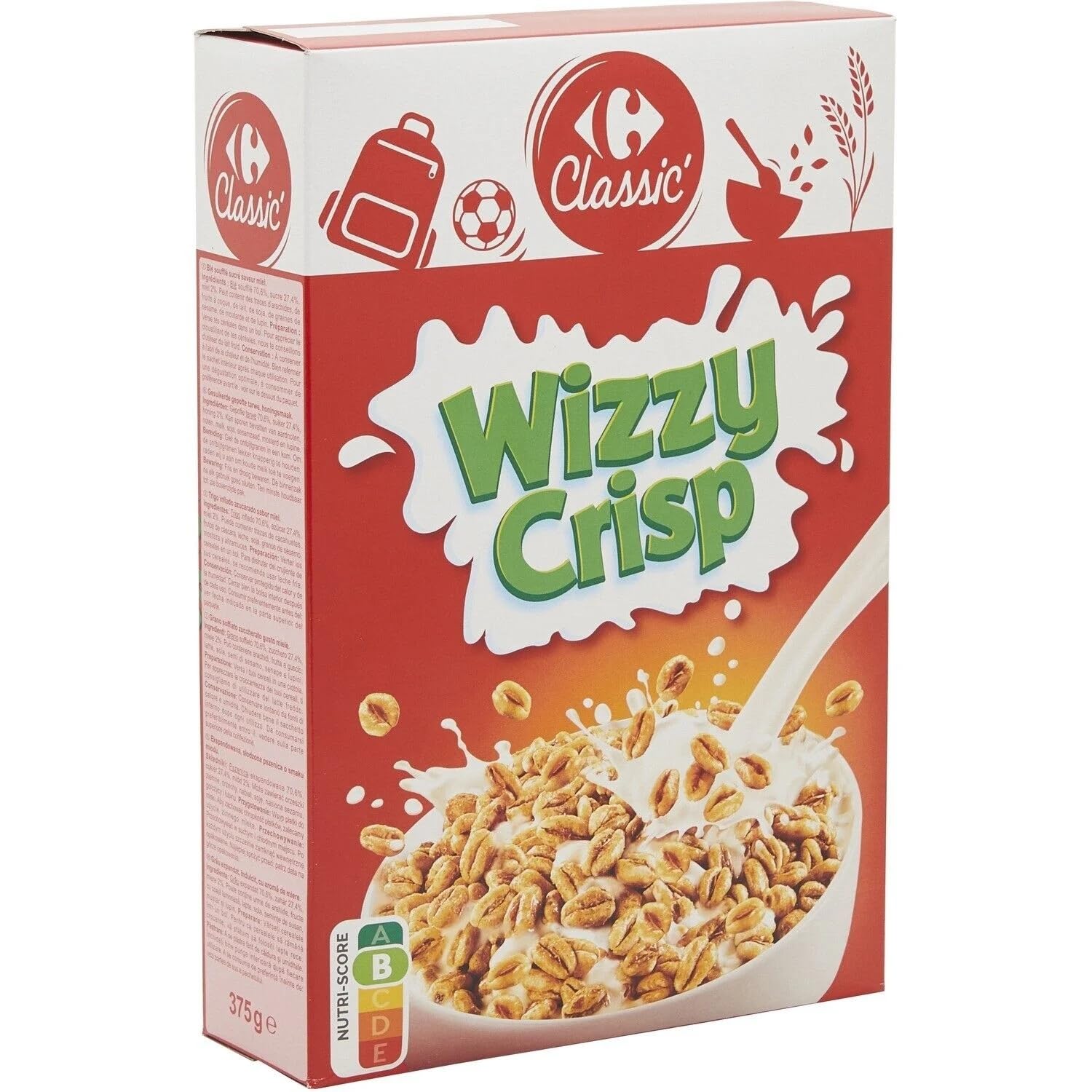 CARREFOUR CLASSIC' - Céréales Blé Soufflé Sucré Saveur Miel Wizzy Crisp - la boite de 375g - Le Lot De 4