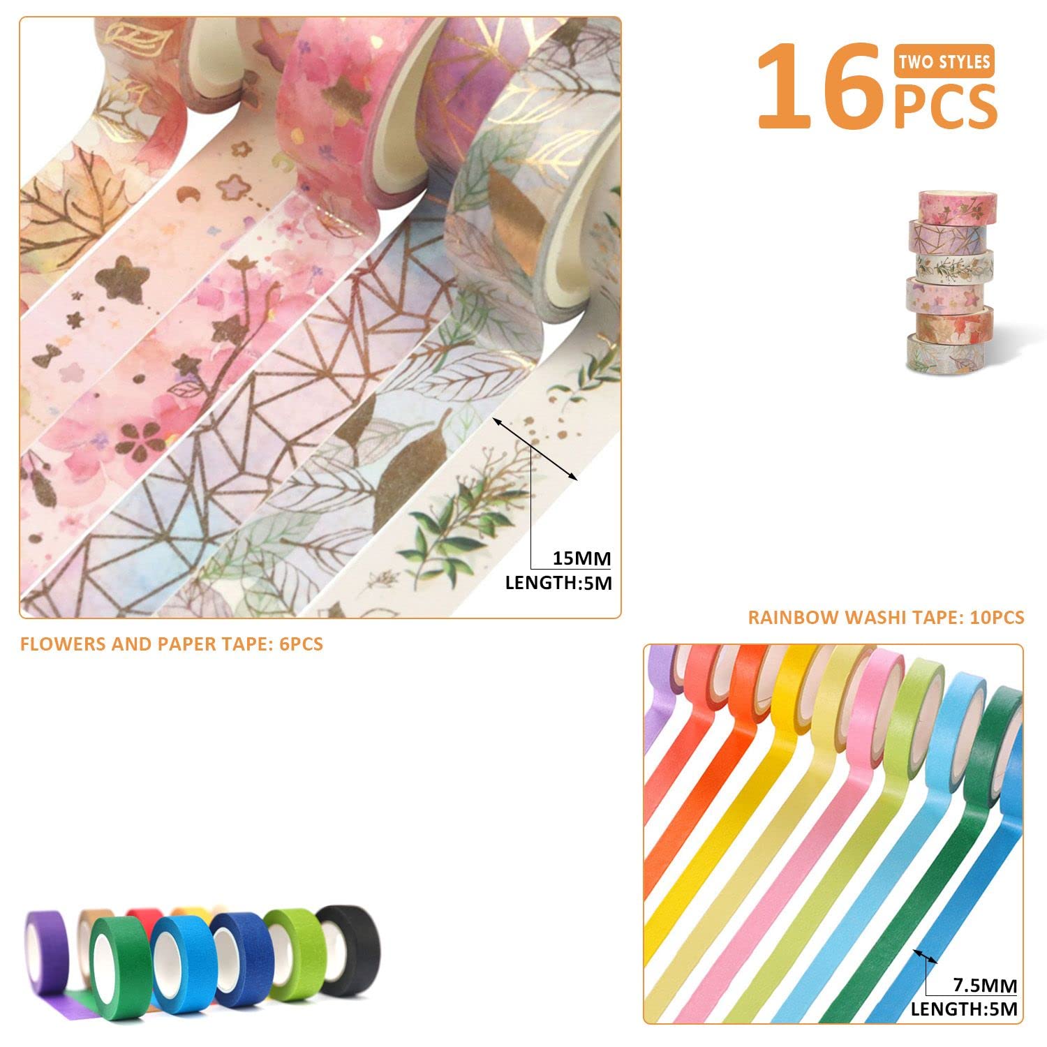 Washi Tape Set of 16 Rolls of 15 mm Wide Cute Decorative Washi Tape for Journaling, Scrapbook, Washy Crafts, Bullet Journals, Planners, DIY Décor, Craft Supplies For Adults & Kids (Serenity