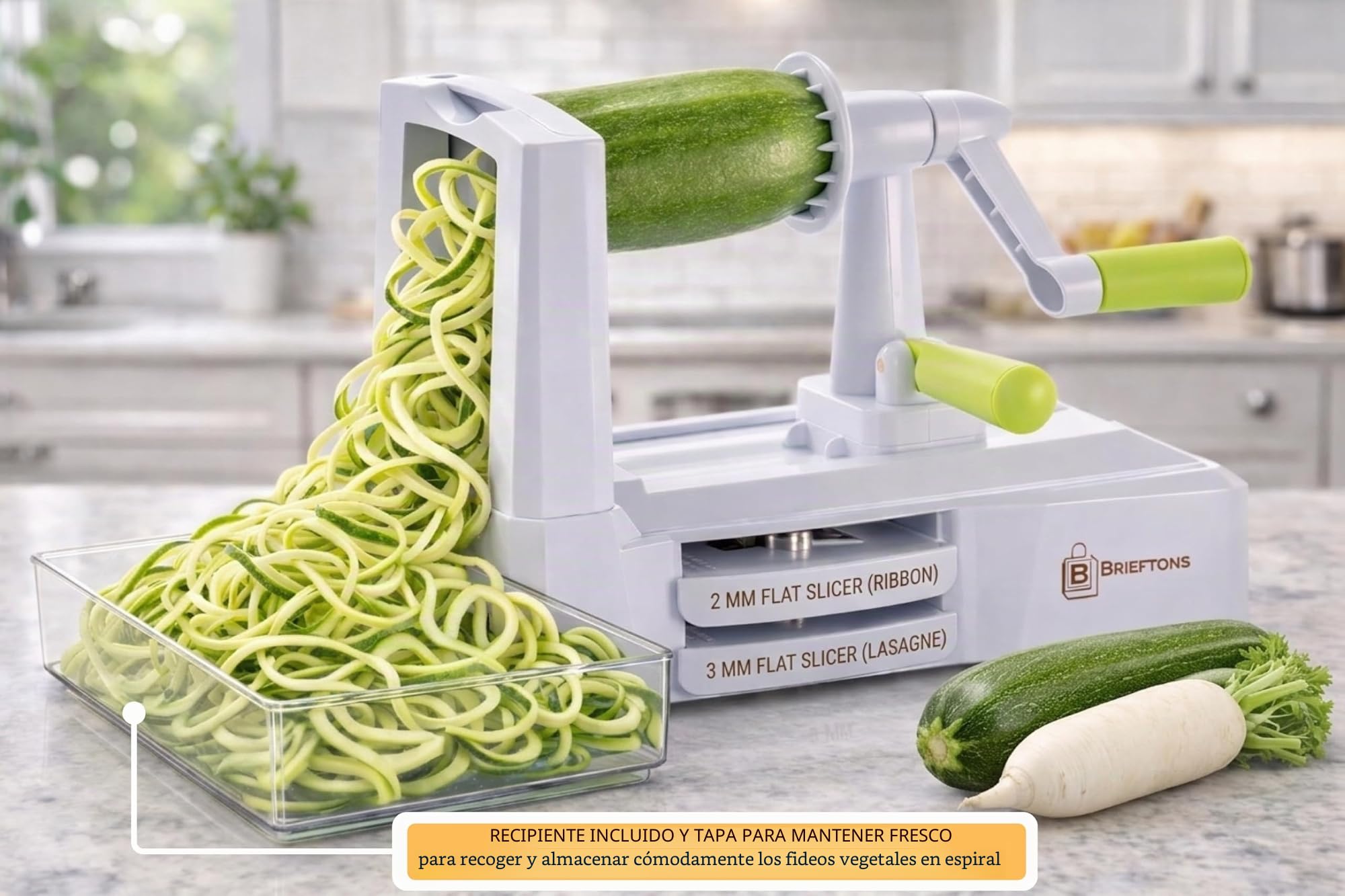 Brieftons - Espiralizador de 10 hojas: más fuerte y más pesado cortador de verduras en espiral, mejor espaguetis de pasta vegetal para baja en carbono, paleo, sin gluten, con bandeja para cuchillas